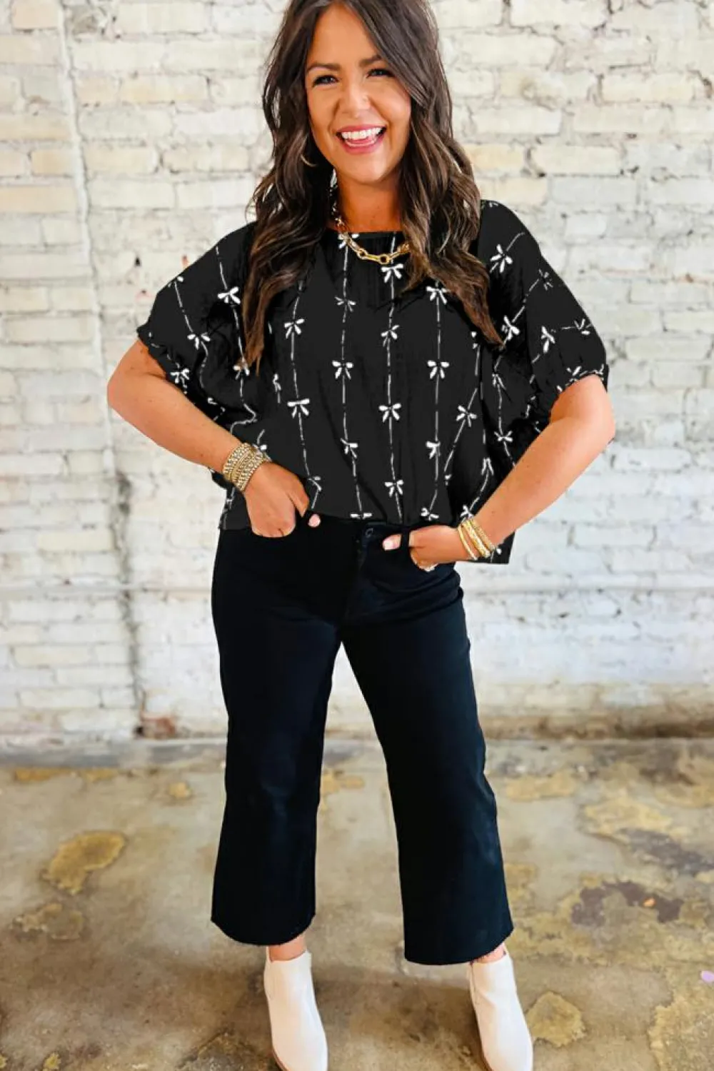 Online Dear-Lover Bow Print Puff Short Sleeve Top Black