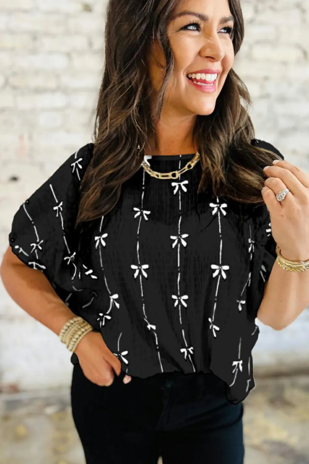 Online Dear-Lover Bow Print Puff Short Sleeve Top Black