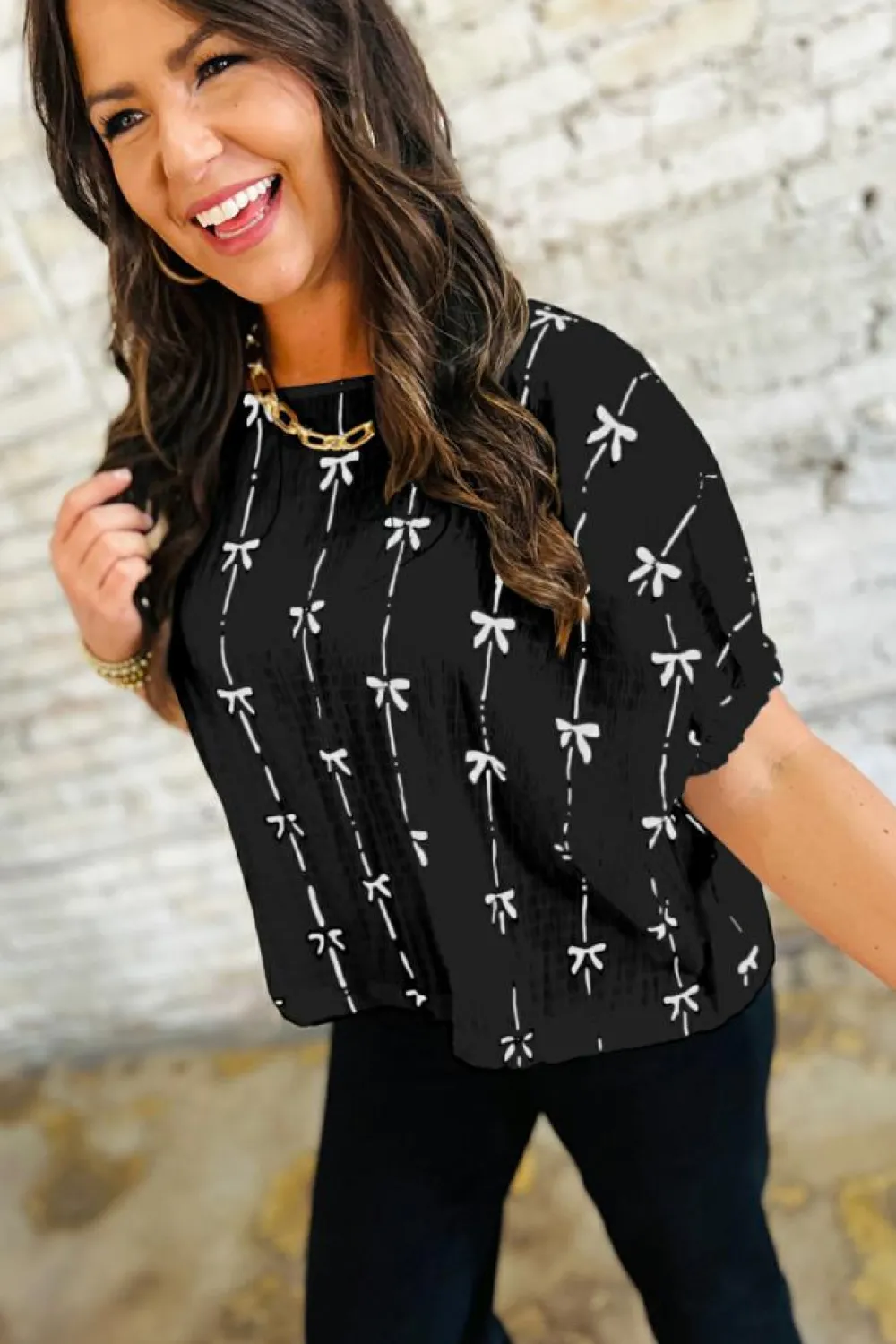 Online Dear-Lover Bow Print Puff Short Sleeve Top Black