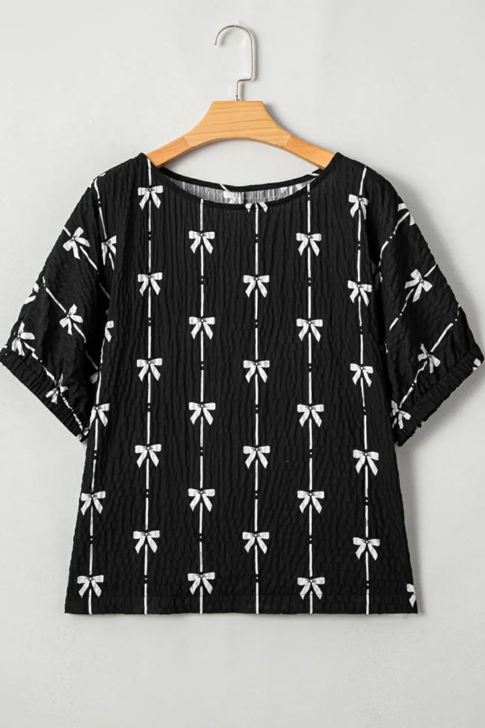 Online Dear-Lover Bow Print Puff Short Sleeve Top Black