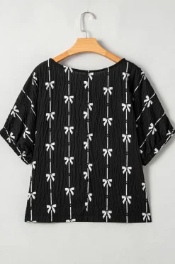 Online Dear-Lover Bow Print Puff Short Sleeve Top Black