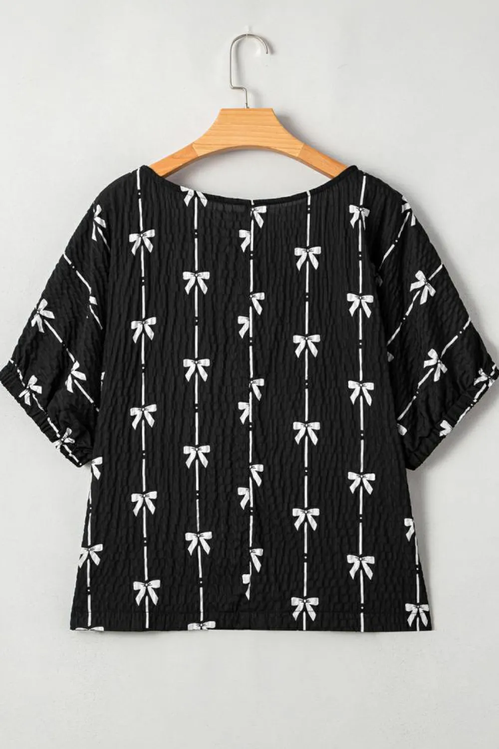 Online Dear-Lover Bow Print Puff Short Sleeve Top Black