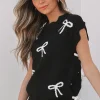 Best Dear-Lover Bow Print Side Ties Scalloped Hem Sweater T Shirt Black