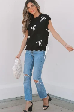 Best Dear-Lover Bow Print Side Ties Scalloped Hem Sweater T Shirt Black