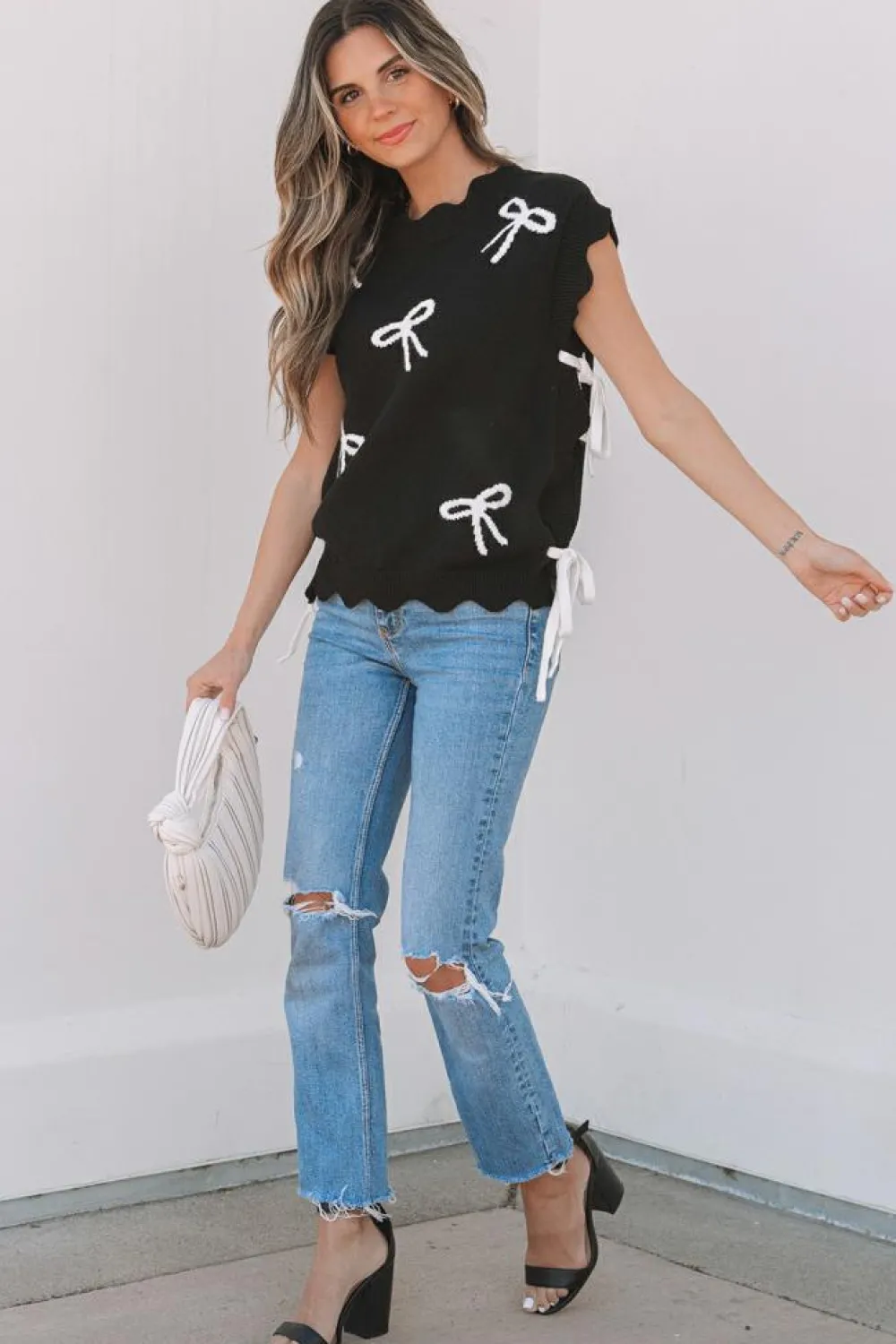 Best Dear-Lover Bow Print Side Ties Scalloped Hem Sweater T Shirt Black