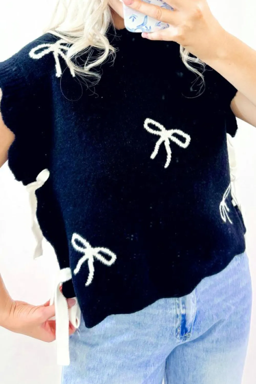 Best Dear-Lover Bow Print Side Ties Scalloped Hem Sweater T Shirt Black