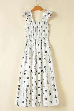 Outlet Dear-Lover Bow Print Smocked Square Neck Ruffle Tiered Maxi Dress Black