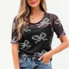 Fashion Dear-Lover Bow Printed Mesh Short Sleeve Top Black