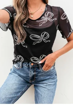 Fashion Dear-Lover Bow Printed Mesh Short Sleeve Top Black