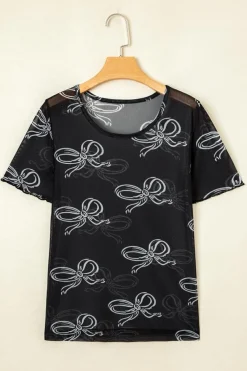 Fashion Dear-Lover Bow Printed Mesh Short Sleeve Top Black