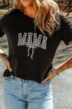 Fashion Dear-Lover Bowknot MAMA Embroidered Crewneck Mothers Day T Shirt Black