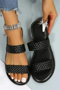 Hot Dear-Lover Braided Double Band Leathered Flat Slippers Black