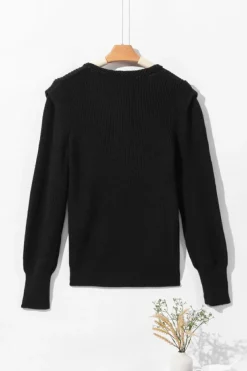 Clearance Dear-Lover Braided Notched V Neckline Puff Sleeve Knitted Sweater Black
