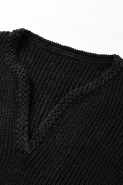 Clearance Dear-Lover Braided Notched V Neckline Puff Sleeve Knitted Sweater Black