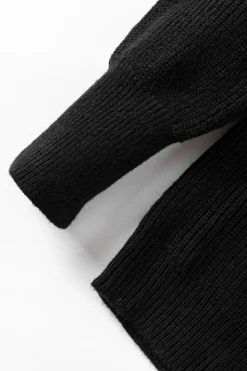 Clearance Dear-Lover Braided Notched V Neckline Puff Sleeve Knitted Sweater Black