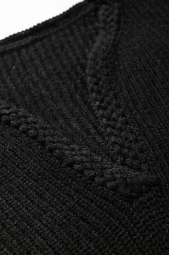 Clearance Dear-Lover Braided Notched V Neckline Puff Sleeve Knitted Sweater Black