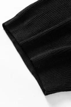 Clearance Dear-Lover Braided Notched V Neckline Puff Sleeve Knitted Sweater Black