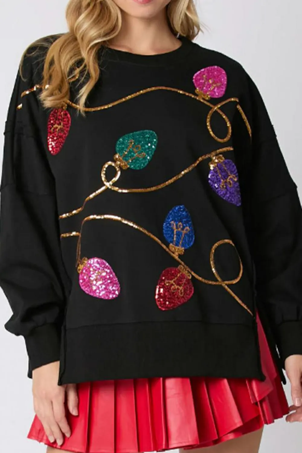 Fashion Dear-Lover Bright Christmas Lights Sequined Oversized Sweatshirt Black