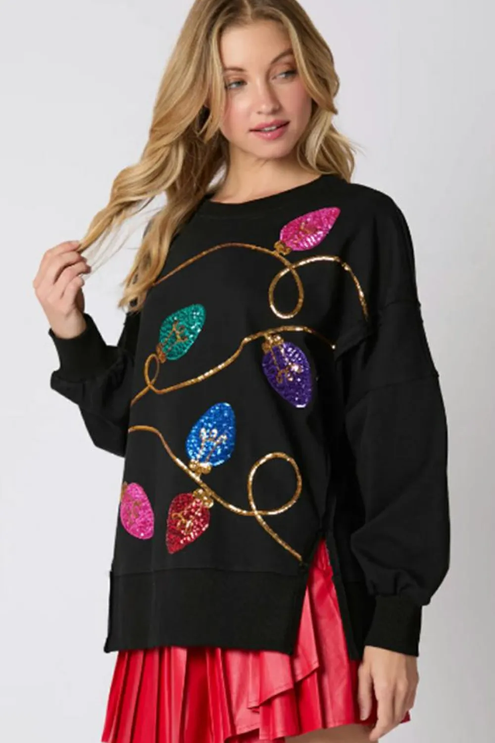 Fashion Dear-Lover Bright Christmas Lights Sequined Oversized Sweatshirt Black