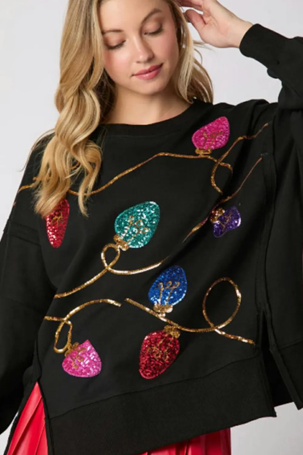 Fashion Dear-Lover Bright Christmas Lights Sequined Oversized Sweatshirt Black