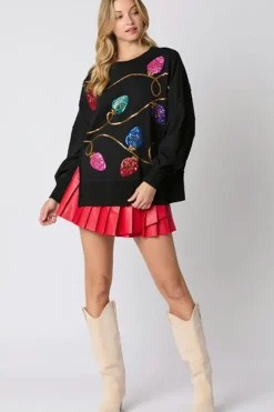 Fashion Dear-Lover Bright Christmas Lights Sequined Oversized Sweatshirt Black