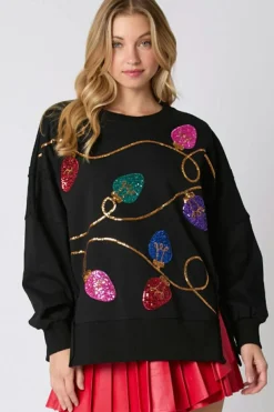 Fashion Dear-Lover Bright Christmas Lights Sequined Oversized Sweatshirt Black