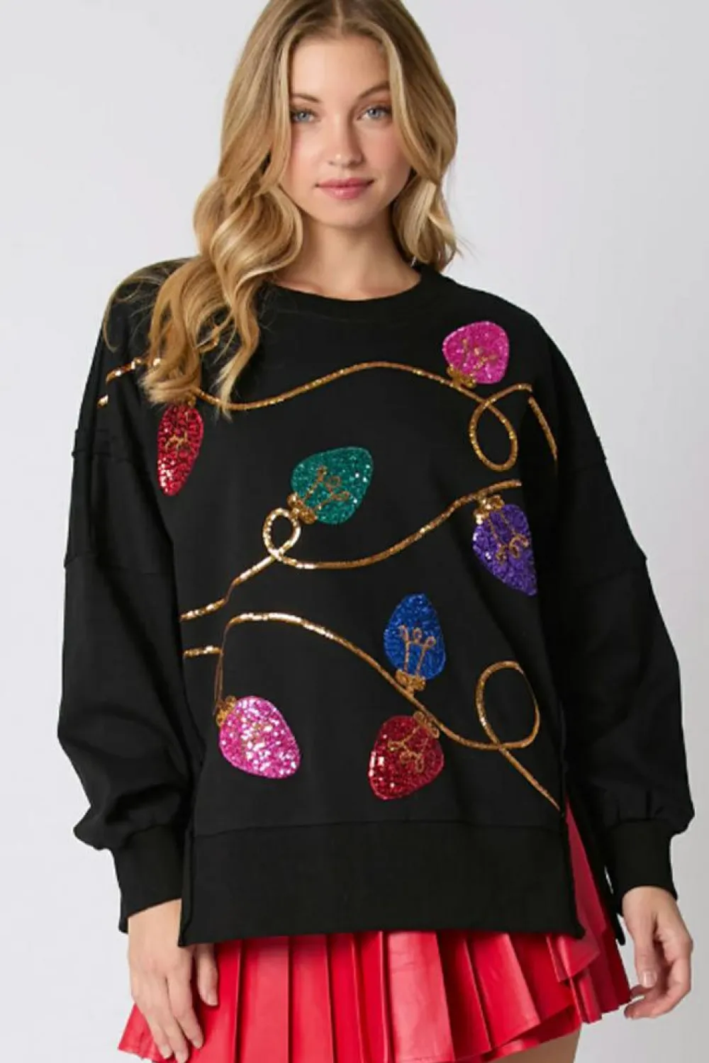 Fashion Dear-Lover Bright Christmas Lights Sequined Oversized Sweatshirt Black
