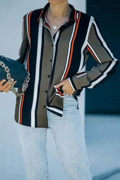 Online Dear-Lover Brown Striped Modern Women Shirt Black