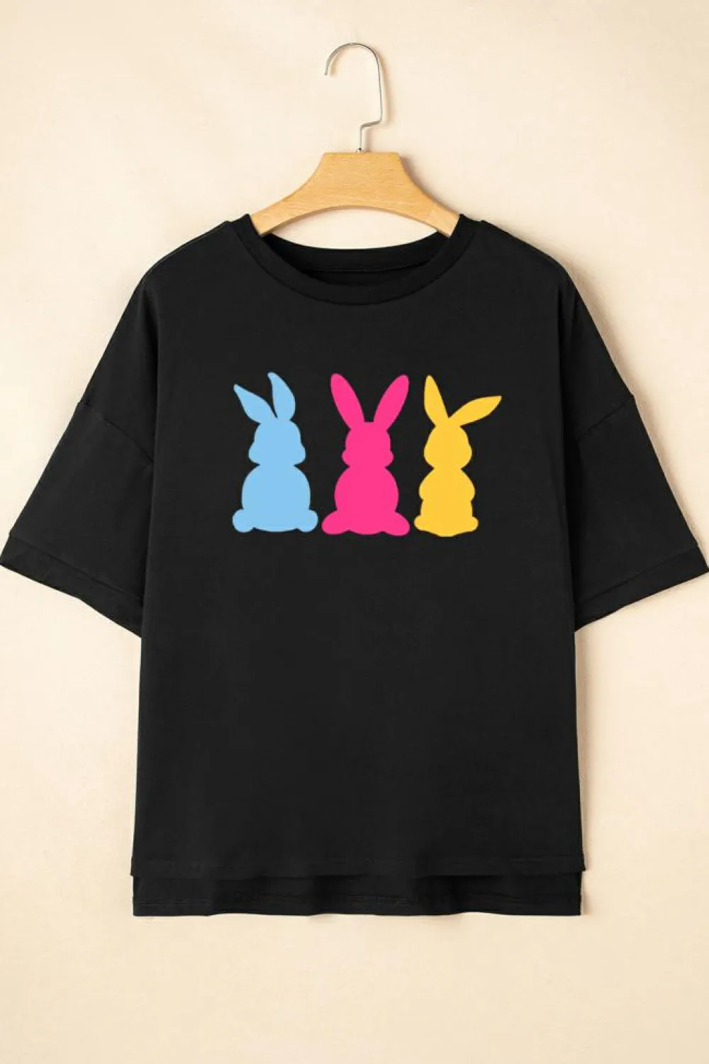 New Dear-Lover Bunny Graphic Drop Shoulder Hi Low Casual Tee Black
