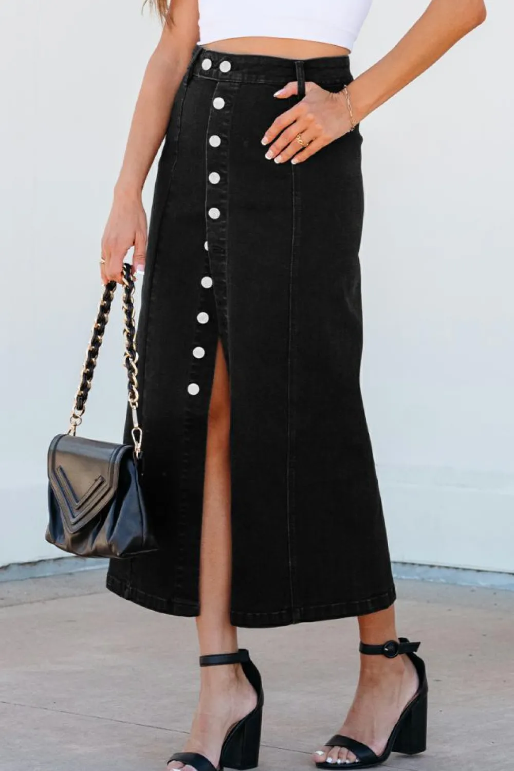 Best Dear-Lover Button Fly Side Split High Waist Denim Midi Skirt Black