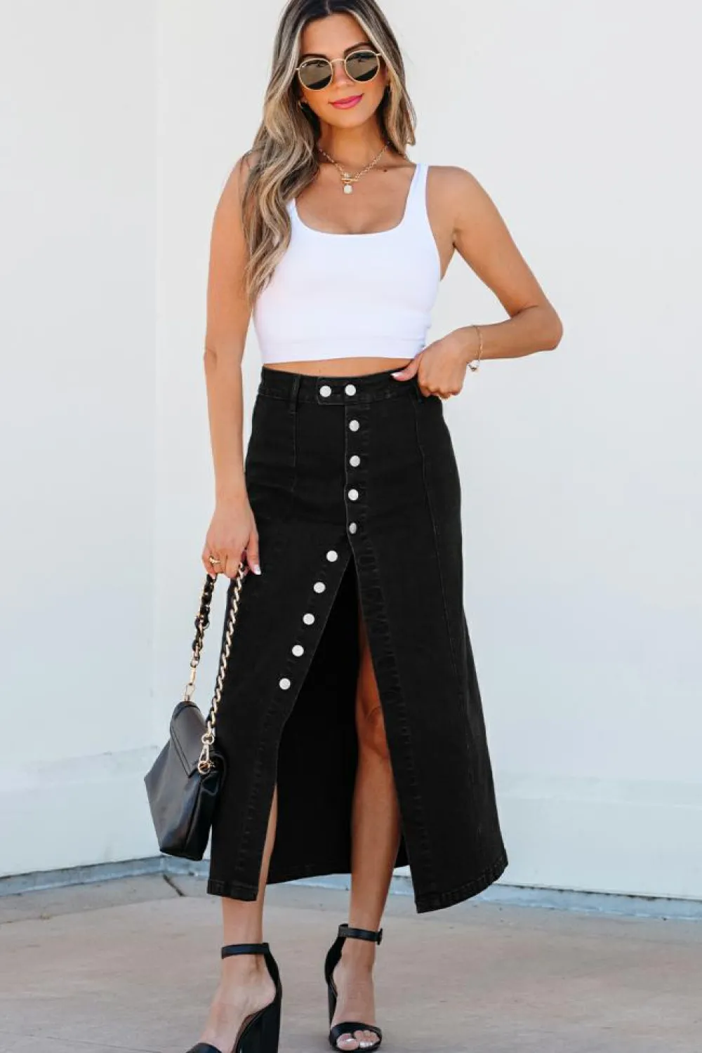 Best Dear-Lover Button Fly Side Split High Waist Denim Midi Skirt Black