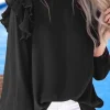 Discount Dear-Lover Button Keyhole Back Pleated Ruffle Trim Blouse Black