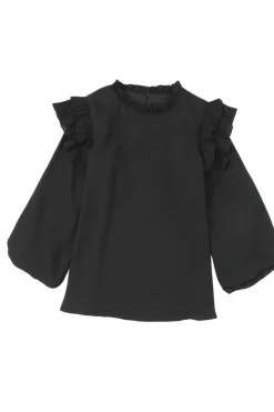 Discount Dear-Lover Button Keyhole Back Pleated Ruffle Trim Blouse Black