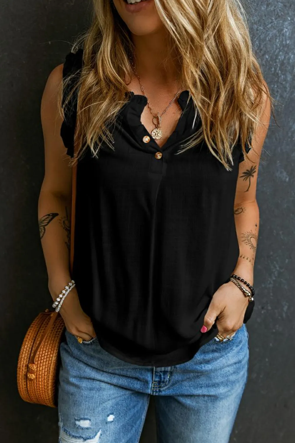 Best Dear-Lover Button Split Neck Ruffled Trim Tank Top Black
