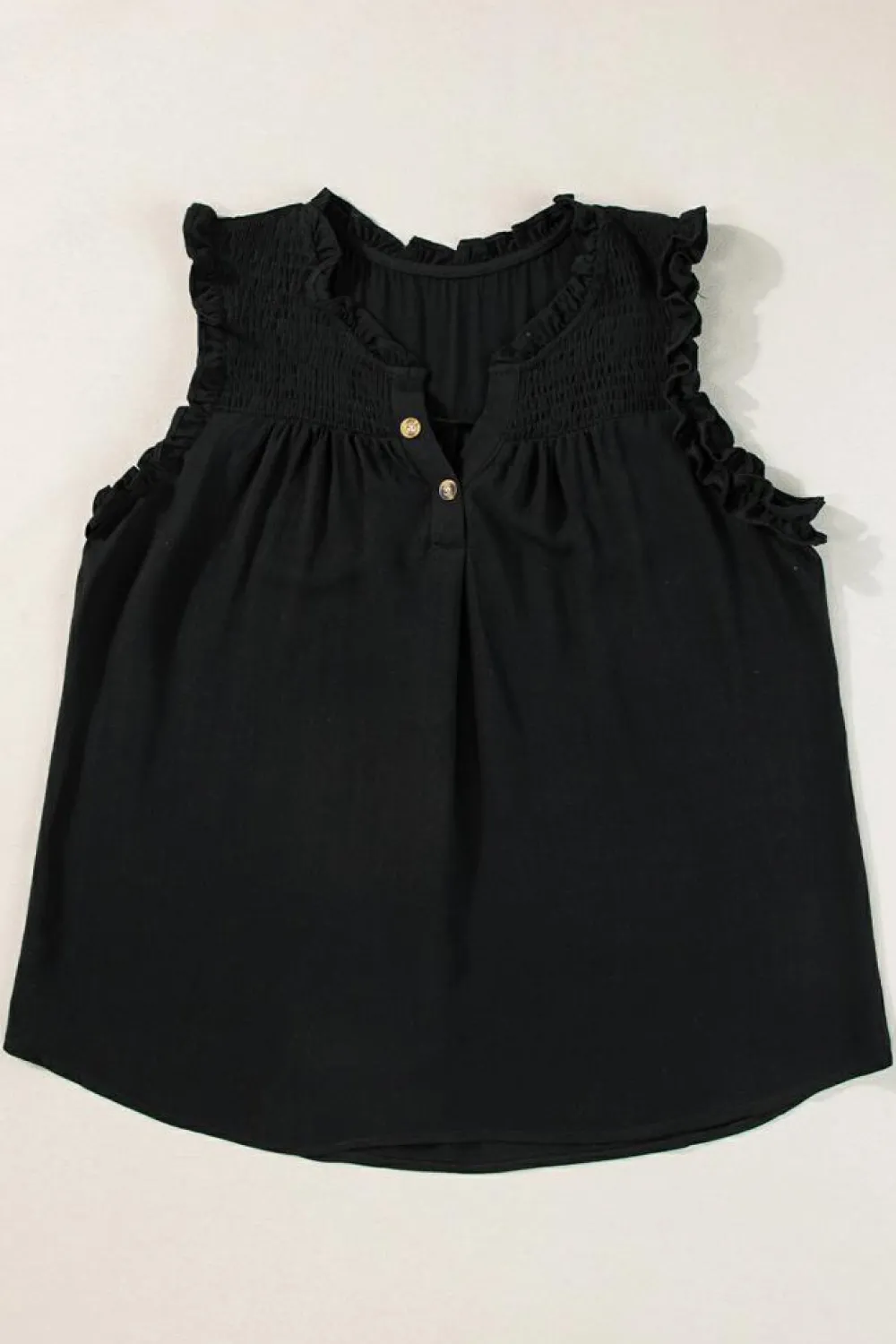 Best Dear-Lover Button Split Neck Ruffled Trim Tank Top Black