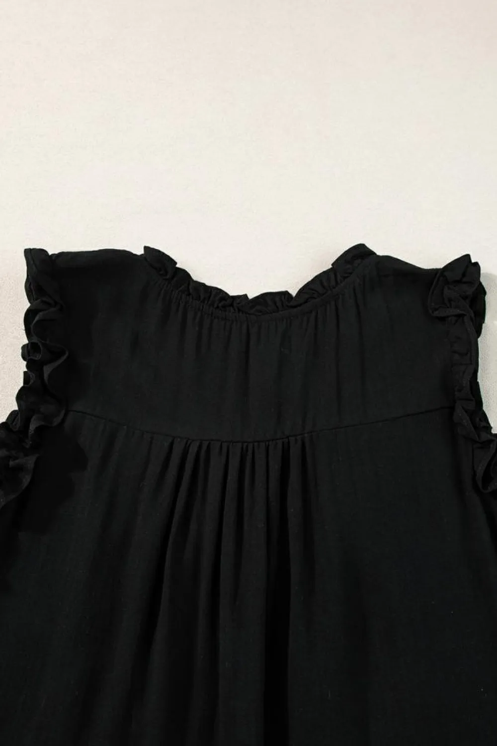 Best Dear-Lover Button Split Neck Ruffled Trim Tank Top Black