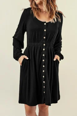 Sale Dear-Lover Button Up High Waist Long Sleeve Dress Black