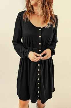 Sale Dear-Lover Button Up High Waist Long Sleeve Dress Black