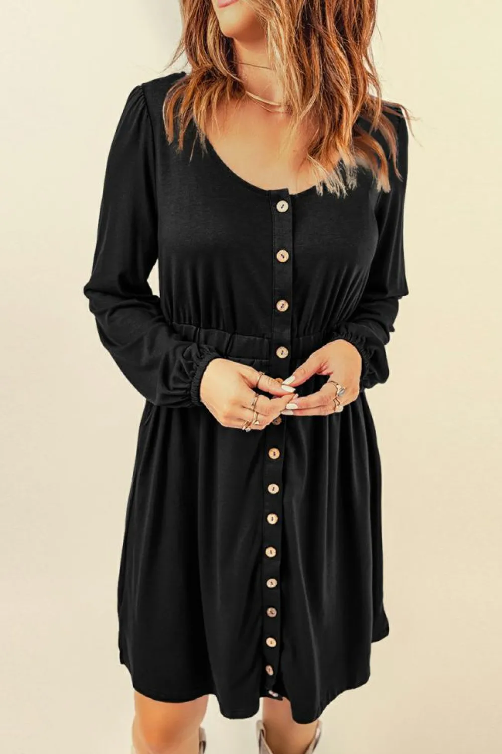 Sale Dear-Lover Button Up High Waist Long Sleeve Dress Black