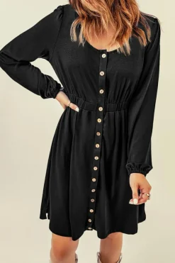Sale Dear-Lover Button Up High Waist Long Sleeve Dress Black