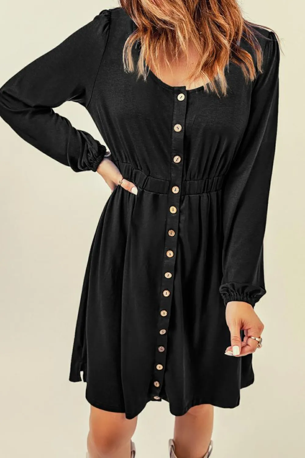 Sale Dear-Lover Button Up High Waist Long Sleeve Dress Black