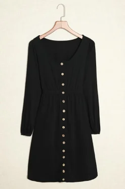 Sale Dear-Lover Button Up High Waist Long Sleeve Dress Black
