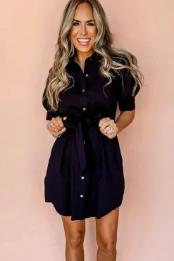 Best Dear-Lover Button Up Tie Waist Puff Sleeve Mini Dress Black