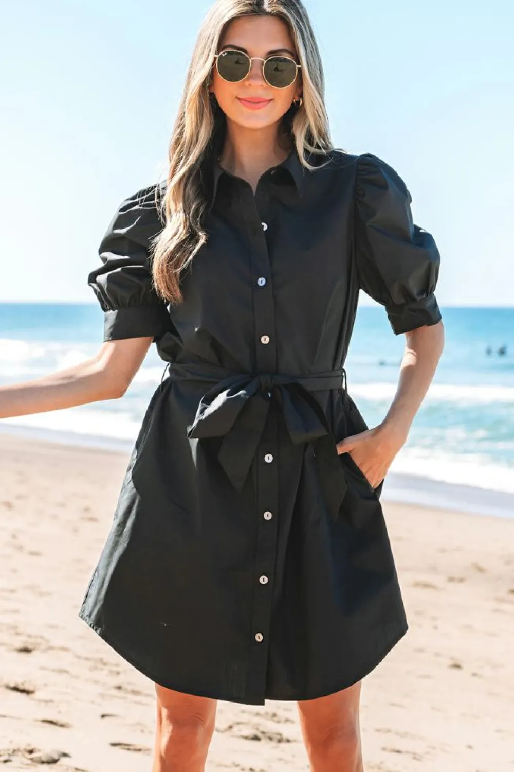 Best Dear-Lover Button Up Tie Waist Puff Sleeve Mini Dress Black