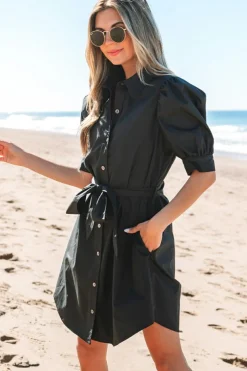 Best Dear-Lover Button Up Tie Waist Puff Sleeve Mini Dress Black