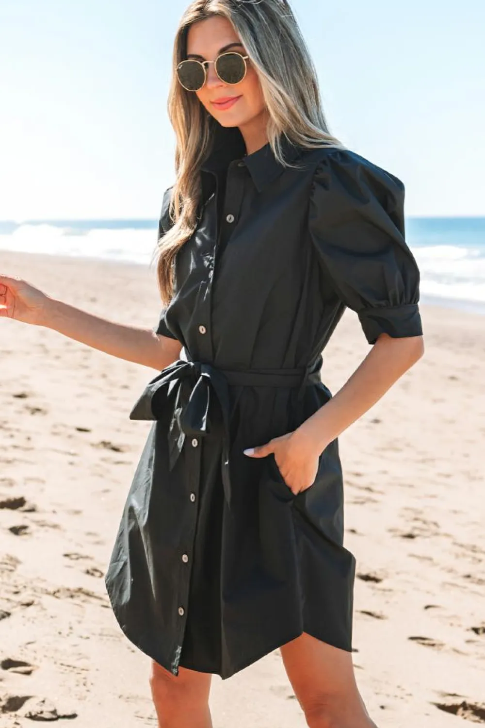 Best Dear-Lover Button Up Tie Waist Puff Sleeve Mini Dress Black