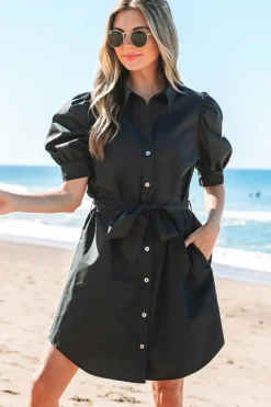 Best Dear-Lover Button Up Tie Waist Puff Sleeve Mini Dress Black