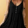 Outlet Dear-Lover Button V Neck Frilly Tiered Sleeveless Dress Black