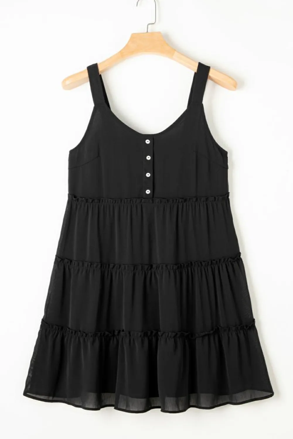 Outlet Dear-Lover Button V Neck Frilly Tiered Sleeveless Dress Black