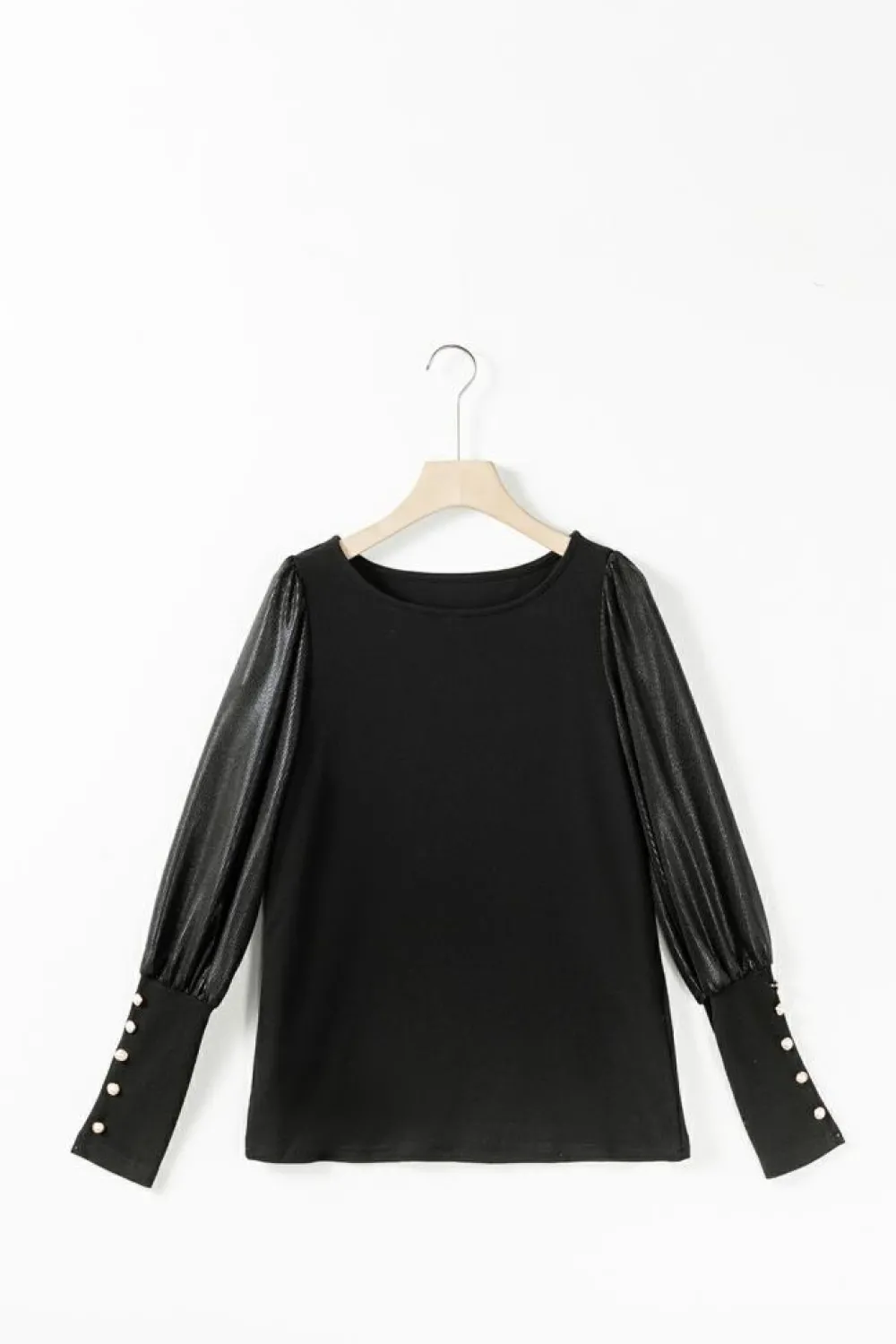 Fashion Dear-Lover Buttoned Cuffs Shiny Puff Sleeves Top Black